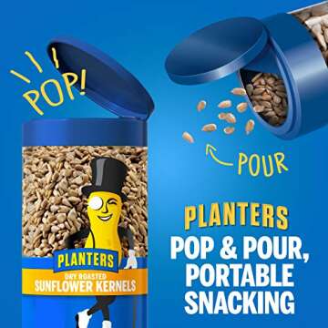 PLANTERS Pop & Pour Dry Roasted Sunflower Seeds, Road Trip Snack, Plant-Based Protein, Snacks on the Go, After School Snack, Sport Snack, Bulk Nuts, Kosher, 5.85oz Jar (4 Count)