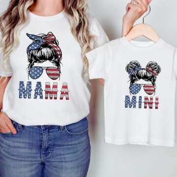 Posh Soiree Handmade Mommy and Me 4th of July Independence Day Matching T Shirts, Mama Mini, Patriot Graphic Tees, Parades, American Pride, Clothes, USA, Celebration, Mother and Daughter, Gift, Woman