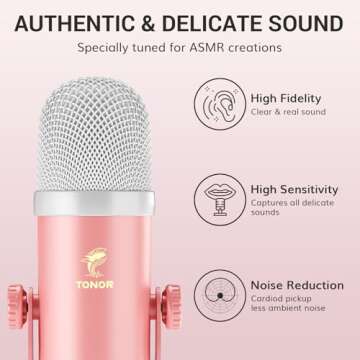 TONOR ASMR Microphone Equipment Bundle with Audio Interface, Immersive 3D Stereo Audio, Dual Condenser Mics with Audio Mixer, Clear Sound, Volume Control, with Furry Windscreens, Set for ASMR, Pink