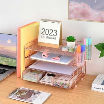 OPNICE Desk Organizers and Accessories, Desk Organizer with Drawer, 4-Tier Paper Tray Organizer with 2 Pen Holders + File Holder, Office Desk Accessories for Office Supplies(Rose Gold)