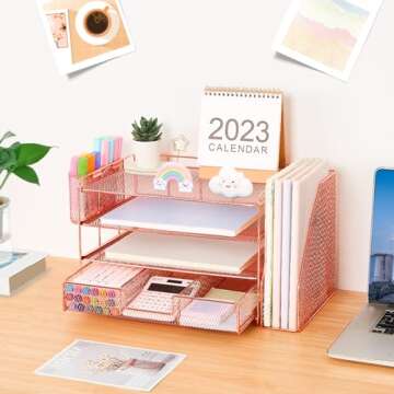 OPNICE Desk Organizers and Accessories, Desk Organizer with Drawer, 4-Tier Paper Tray Organizer with 2 Pen Holders + File Holder, Office Desk Accessories for Office Supplies(Rose Gold)