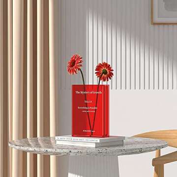 Puransen Red Book Flowers Vase - Cute Bookshelf Decor, Unique Vase for Book Lovers, Artistic and Cultural Flavor Acrylic Vases for Home Office Decor; A Book About Flowers (Clear Red)