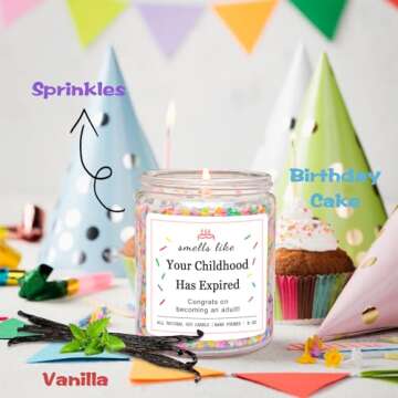 Homsolver 18th Birthday Gifts for Girls Boys, Birthday Candles Gifts for 18 Year Old Girls Boys, Your Childhood Has Expired Handmade Candles (Vanilla Birthday Cake Scent with Sprinkles)