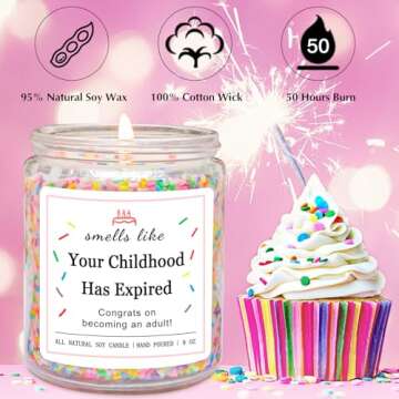 Homsolver 18th Birthday Gifts for Girls Boys, Birthday Candles Gifts for 18 Year Old Girls Boys, Your Childhood Has Expired Handmade Candles (Vanilla Birthday Cake Scent with Sprinkles)