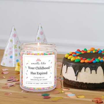 Homsolver 18th Birthday Gifts for Girls Boys, Birthday Candles Gifts for 18 Year Old Girls Boys, Your Childhood Has Expired Handmade Candles (Vanilla Birthday Cake Scent with Sprinkles)