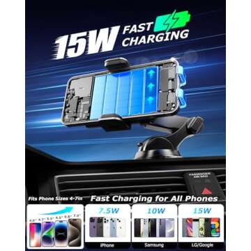 15W Fast Wireless Car Charger Phone Holder for All Phones