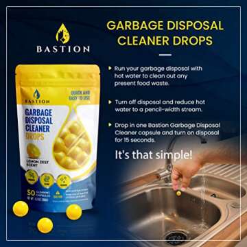 Garbage Disposal Cleaner and Deodorizer Drops- [[50-Count]] Lemon Zest Scented Kitchen Sink Freshener Pods & Drain Odor Eliminator Disposer Care Balls by Bastion