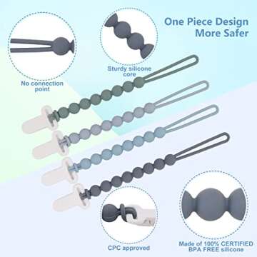 4-Pack Silicone Pacifier Clips with One-Piece Beads for Baby Boys and Girls - Flexible and Rust-Free Holders for Teething Relief and Baby Essentials, Safe for Newborns (Grey)