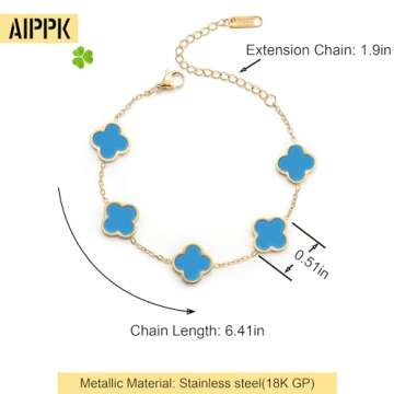 AIPPK 18K Gold Plated Clover Lucky Bracelet Van Cleef Bracelet Dupes for Women Blue Flower Four Leaf Bracelets Trendy Jewelry Gifts for Women