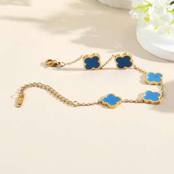 AIPPK 18K Gold Plated Clover Lucky Bracelet Van Cleef Bracelet Dupes for Women Blue Flower Four Leaf Bracelets Trendy Jewelry Gifts for Women