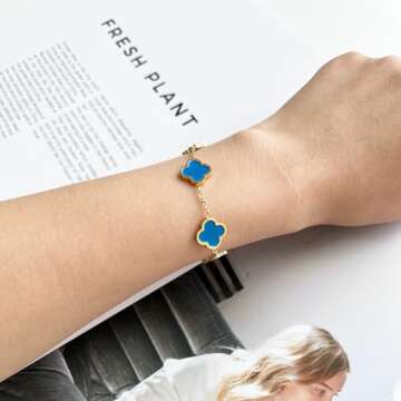 AIPPK 18K Gold Plated Clover Lucky Bracelet Van Cleef Bracelet Dupes for Women Blue Flower Four Leaf Bracelets Trendy Jewelry Gifts for Women