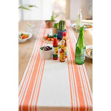 Tusolis 100% Cotton Table Runner with Fringe Ends – Farmhouse Style - Coral Stripes on Natural - Made in El Salvador – Extra Long - 14 x 106 Inches