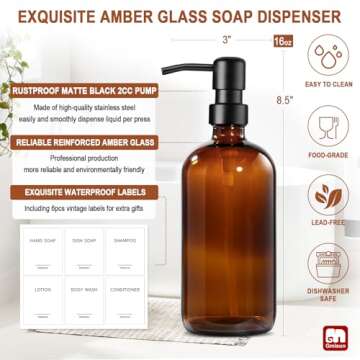 GMISUN Amber Glass Soap Dispenser, 2 Pack Bathroom Hand Soap Dispenser with Stainless Steel Pump, 16 Oz Kitchen Hand and Dish Soap Dispenser Set, Modern Vintage Liquid Brown Soap Dispensers Bottle