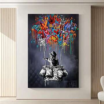 Framed Banksy Street Graffiti Wall Art Decor Large Abstract Pictures Canvas Painting Prints Colorful Modern Contemporary Poster Artwork Stretched for Wall Home Bathroom Bedroom Living Room Ready Hang