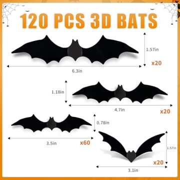 Bittesnew 3D Bats Halloween Decorations, 120PCS Bat Stickers for Wall with 4 Different Sizes, Black PVC Bats Halloween Stickers, Bat Stickers for Halloween Party Decorations Indoor