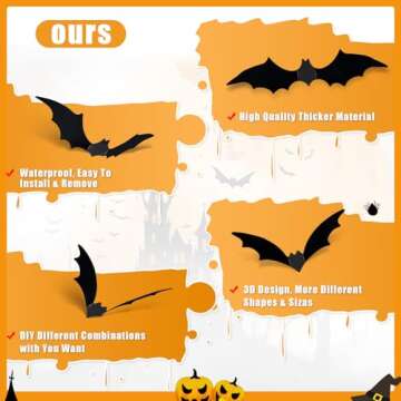 Bittesnew 3D Bats Halloween Decorations, 120PCS Bat Stickers for Wall with 4 Different Sizes, Black PVC Bats Halloween Stickers, Bat Stickers for Halloween Party Decorations Indoor