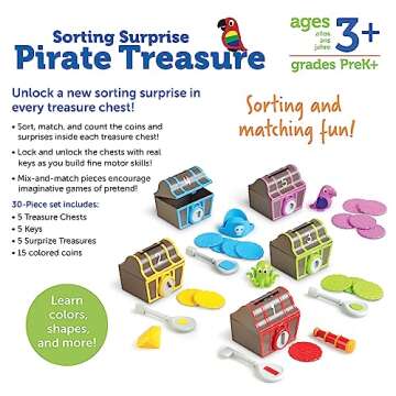 Learning Resources Sorting Surprise Pirate Treasure - 30 Pieces, Ages 3+ Color, Sorting & Matching Skills Toy, Fine Motor Skills Toys for Toddlers, Preschool Learning Toys