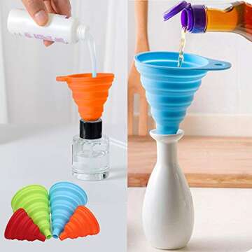 Silicone Collapsible Funnel Set of 4 Small and Large, Kitchen Funnels for Filling Water Bottle Oil Liquid Power Transfer, Foldable Cooking Gadgets Tools Food Grade