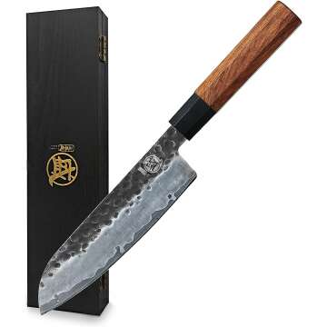 MITSUMOTO SAKARI 7 inch Japanese Santoku Chef Knife, High Carbon Stainless Steel Kitchen Cooking Knife, Professional Hand Forged Chef's Knives (Rosewood Handle & Gift Box)
