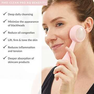 PMD Clean Pro RQ - Smart Facial Cleansing Device with Silicone Brush & Rose Quartz Gemstone ActiveWarmth Anti-Aging Massager - Waterproof - SonicGlow Vibration - Clear Pores & Blackheads