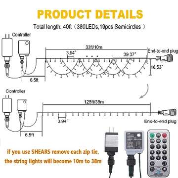 KAZOKU Christmas Light Outdoor 380LED 40FT Waterproof Fairy String Lights Extendable Half-Round Christmas Lights Remote Control 11 Lighting Modes House Indoor Yard Holiday Decorations(Warm&Multicolor)