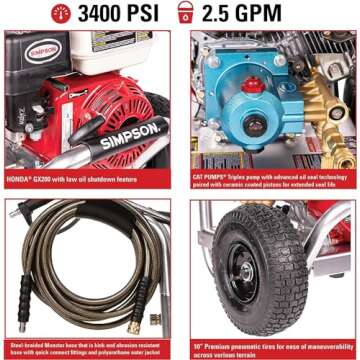 SIMPSON Cleaning ALH3228-S Aluminum Series 3400 PSI Gas Pressure Washer, 2.5 GPM, HONDA GX200 Engine, CAT Triplex Pump, Includes Spray Gun, Extension Wand, 5 QC Nozzle Tips, 5/16" x 25' Hose, 49-State