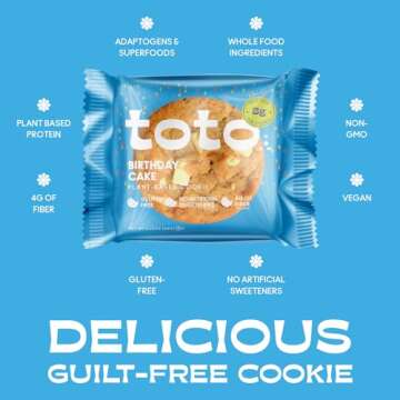 Toto Vegan Cookies, Birthday Cake Cookie, High Fiber Snacks, Gluten Free Cookies, Plant Based Snacks with Superfoods & Adaptogens, 8gr Protein Cookies, Pack of 10 Individually Wrapped Cookies