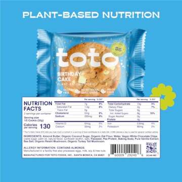 Toto Vegan Cookies, Birthday Cake Cookie, High Fiber Snacks, Gluten Free Cookies, Plant Based Snacks with Superfoods & Adaptogens, 8gr Protein Cookies, Pack of 10 Individually Wrapped Cookies