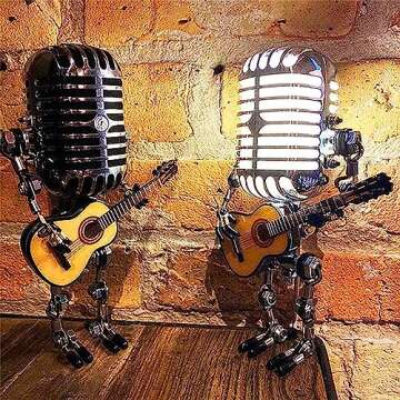 Generic Vintage Microphone Guitar Lamp, Cool Guitar Gifts for Music Lovers and Guitar Player, USB Plug in Powered, Retro Decorations for Home, Bar, Office, Silver