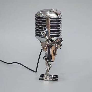 Generic Vintage Microphone Guitar Lamp, Cool Guitar Gifts for Music Lovers and Guitar Player, USB Plug in Powered, Retro Decorations for Home, Bar, Office, Silver