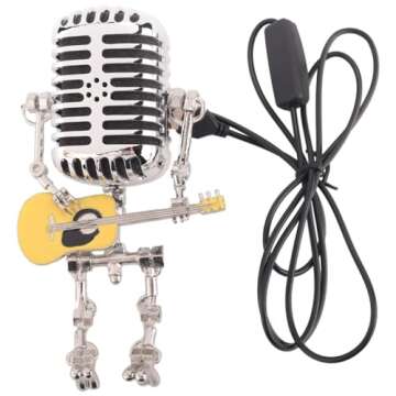 Generic Vintage Microphone Guitar Lamp, Cool Guitar Gifts for Music Lovers and Guitar Player, USB Plug in Powered, Retro Decorations for Home, Bar, Office, Silver