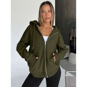 Trendy Queen Womens Zip Up Hoodies Oversized Sweatshirts Fall Fashion Outfits Sweaters Casual Jackets 2025 Winter Clothes Army Green S