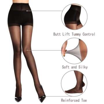 HA WA Black Tights for Women, 3 Pairs Sheer Tights with Control Top Pantyhose, black,M