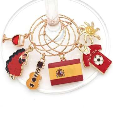 Spain Wine Charms, Spanish Gift, Spain Table Decor, Set Includes 6 charms: Flamenco Dancer, Soccer, Spain Flag, Wine Glass, Sun and Guitar, Spain Themed Party Decoration