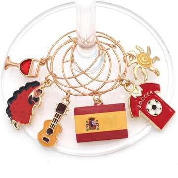 Spain Wine Charms, Spanish Gift, Spain Table Decor, Set Includes 6 charms: Flamenco Dancer, Soccer, Spain Flag, Wine Glass, Sun and Guitar, Spain Themed Party Decoration