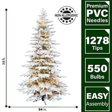 Fraser Hill Farm 7.5-Ft. Mountain Pine Flocked Artificial Christmas Tree with White Incandescent Smart Lights and Stand, Prelit Foldable Fake Tree with Realistic Snowy Foliage for Home Decoration