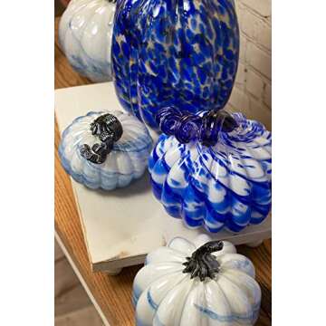 Boston International Glass Pumpkin Fall Autumn Harvest Thanksgiving Tabletop Decorations Hand Blown Glass, Small, White Blue Swirl