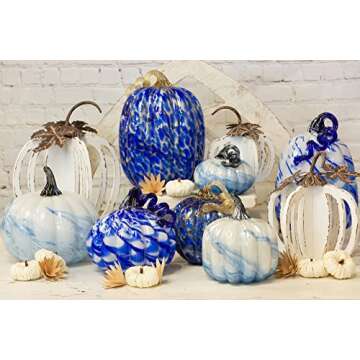 Boston International Glass Pumpkin Fall Autumn Harvest Thanksgiving Tabletop Decorations Hand Blown Glass, Small, White Blue Swirl