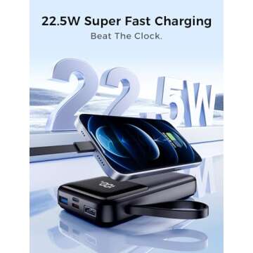 Portable Charger with Built in Cable, 15000mAh Power Bank, 22.5W Fast Charging, 6 Outputs, Slim Travel Essential Battery Pack with LED Display, Compatible with iPhone 16/15/14/13, Samsung, iPad, etc