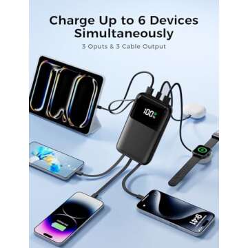 Portable Charger with Built in Cable, 15000mAh Power Bank, 22.5W Fast Charging, 6 Outputs, Slim Travel Essential Battery Pack with LED Display, Compatible with iPhone 16/15/14/13, Samsung, iPad, etc