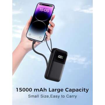 Portable Charger with Built in Cable, 15000mAh Power Bank, 22.5W Fast Charging, 6 Outputs, Slim Travel Essential Battery Pack with LED Display, Compatible with iPhone 16/15/14/13, Samsung, iPad, etc