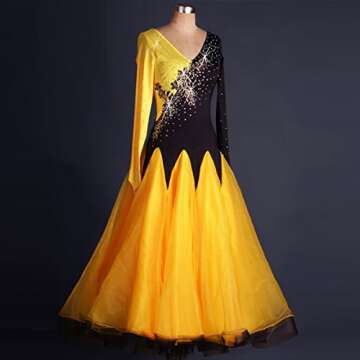 YC WELL Ballroom Dance Dresses Long Sleeve Rhinestone Competition Dresses Waltz Flamenco Dress(L) Yellow