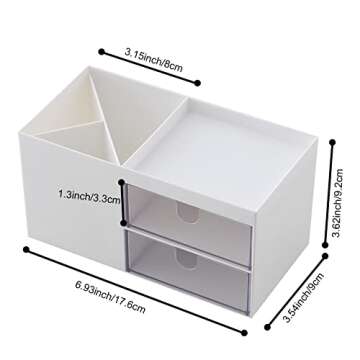 DSDFIDn Makeup Desk Cosmetic Storage Office Desk Organizer with drawer, Office Supplies and Desk Accessories, Business Card/Pen/Pencil/Mobile Phone/Stationery Holder Storage Box (White)