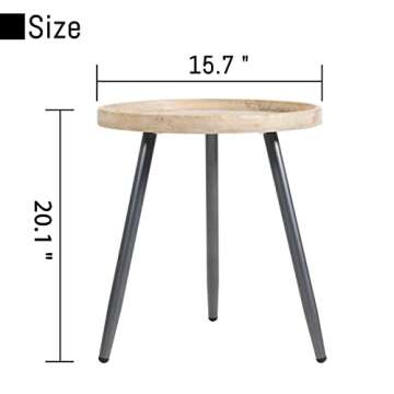 LITA Log Desktop Round Side End Table, Indoor Outdoor Wooden Tray Nightstand Table with Metal Stand for Living Room Bedroom Office Small Spaces (M)