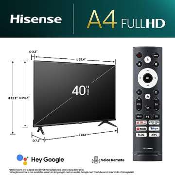 Hisense 40-Inch Class A4 Series FHD 1080p Google Smart TV (40A4K) - DTS Virtual: X, Game & Sports Modes, Chromecast Built-in, Alexa Compatibility, Black