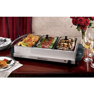 Elite Gourmet EWM-6171 Triple 3 x 2.5 Qt. Trays, Buffet Server, Food Warmer Temperature Control, Clear Slotted Lids, Perfect for Parties, Entertaining & Holidays, 7.5 Qt Total, Stainless Steel