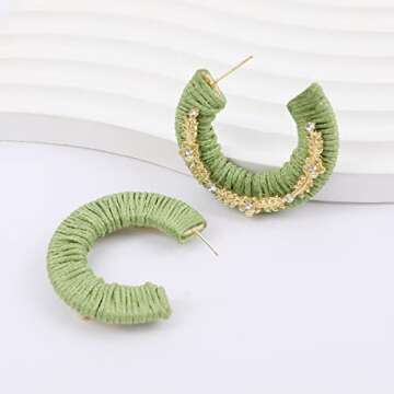 Green Hoop Earrings for Women, Rattan Weave Bohemian Raffia Braid Straw Wicker Round Drop Earring, Handmade Woven Straw Beach Knitted Spring Summer Statement Boho Earrings Fashion Jewelry Gifts