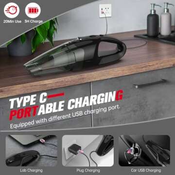 BSRCO Handheld Vacuum Cordless Rechargeable 3-in-1, Dust Busters Cordless Rechargeable with USB Charge, Car Vacuum with LED, HEPA Filter, 1.65LBs Lightweight Vacuum Cleaner for Dust, Pet Hair