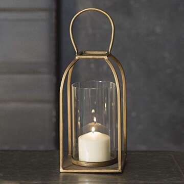 Attractive and Graceful Large Tribeca Gold - Antique Brass Metal Lantern Candle Holder with Clear Glass, Rustic Indoor / Outdoor Light for Your Home Decor - Modern Rustic Vintage Farmhouse Style