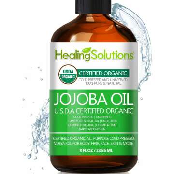 Healing Solutions Oils - 8 oz Jojoba Oil Organic Pure & Natural, Cold Pressed Unrefined, Hexane & Chemical Free, All-Natural Solution for Face & Hair, Fights Acne, Moisturizes Skin